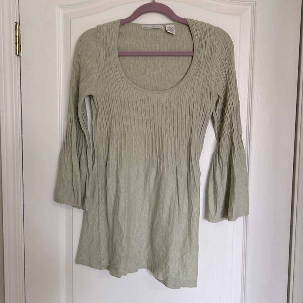 Autumn Cashmere - Sage green, lightweight knit sweater. Bell 3/4 sleeve